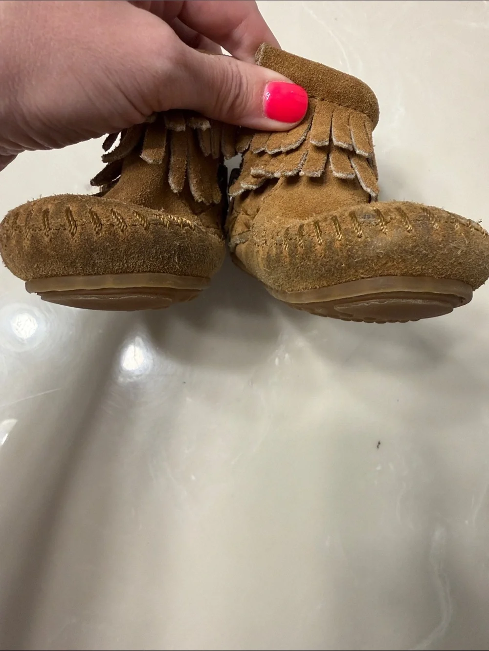 Minnetonka Kids Tan Suede Fringe Moccasins